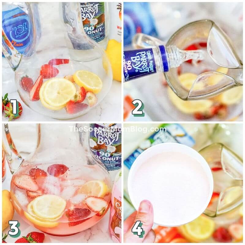 4 step photo collage showing how to make hippie juice fruit punch