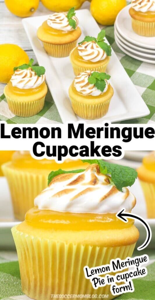 2 photo collage of lemon meringue cupcakes with text overlay of recipe name