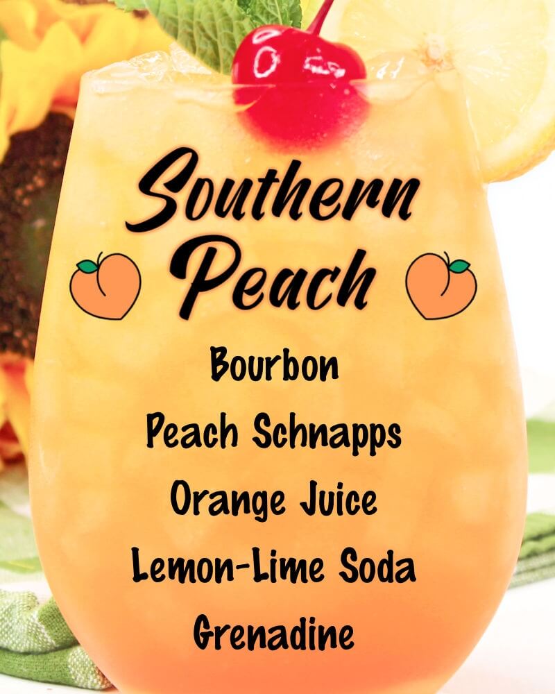 Southern Peach cocktail with ingredients listed in text overlay