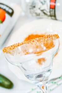 Margarita glass rimmed with a with spicy salt mix