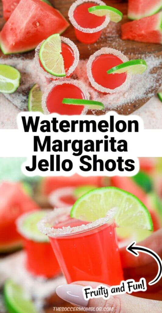 2 photo collage with text overlay of watermelon margarita jello shots