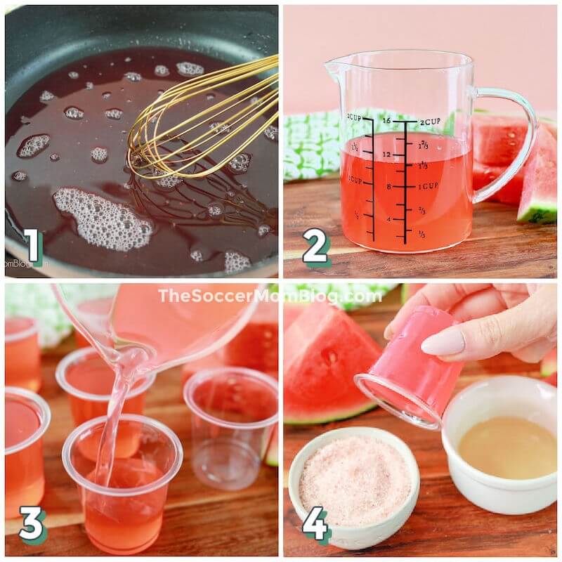 4 step photo collage showing how to make watermelon flavored jello shots