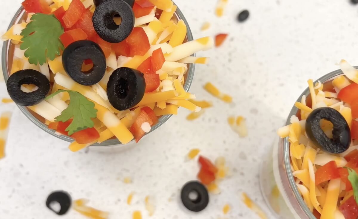 top down view of individual 7 layer dip cups.