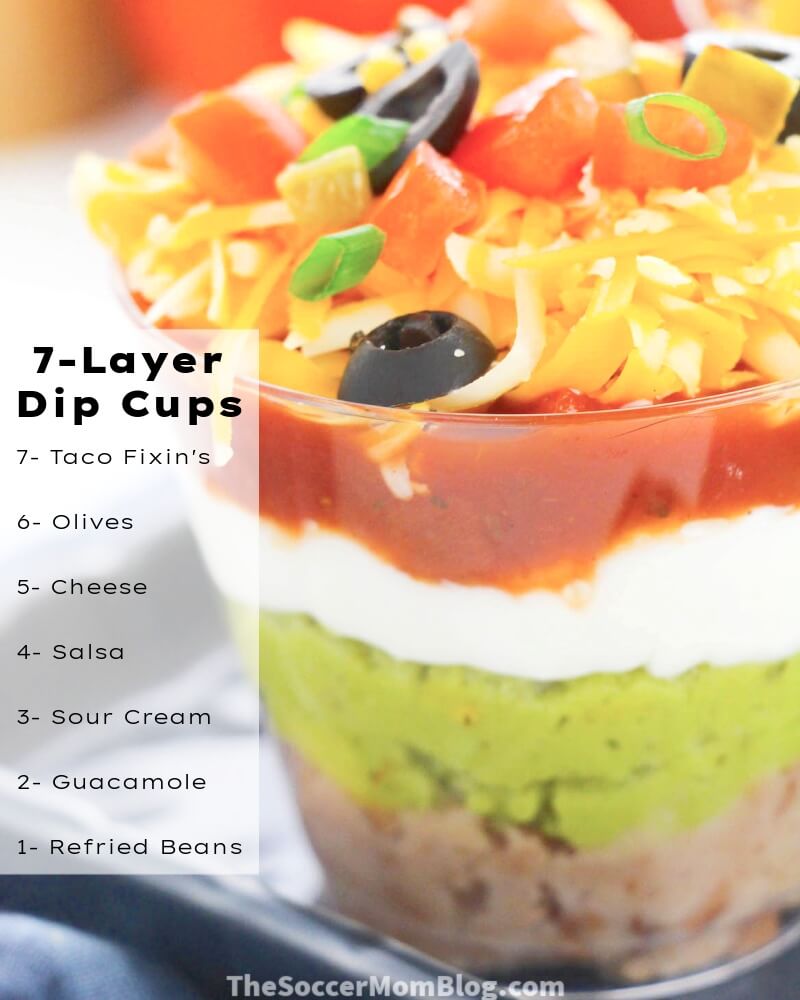 7 layer dip cups with ingredients text overlay