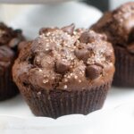 close up of a double chocolate chip muffin