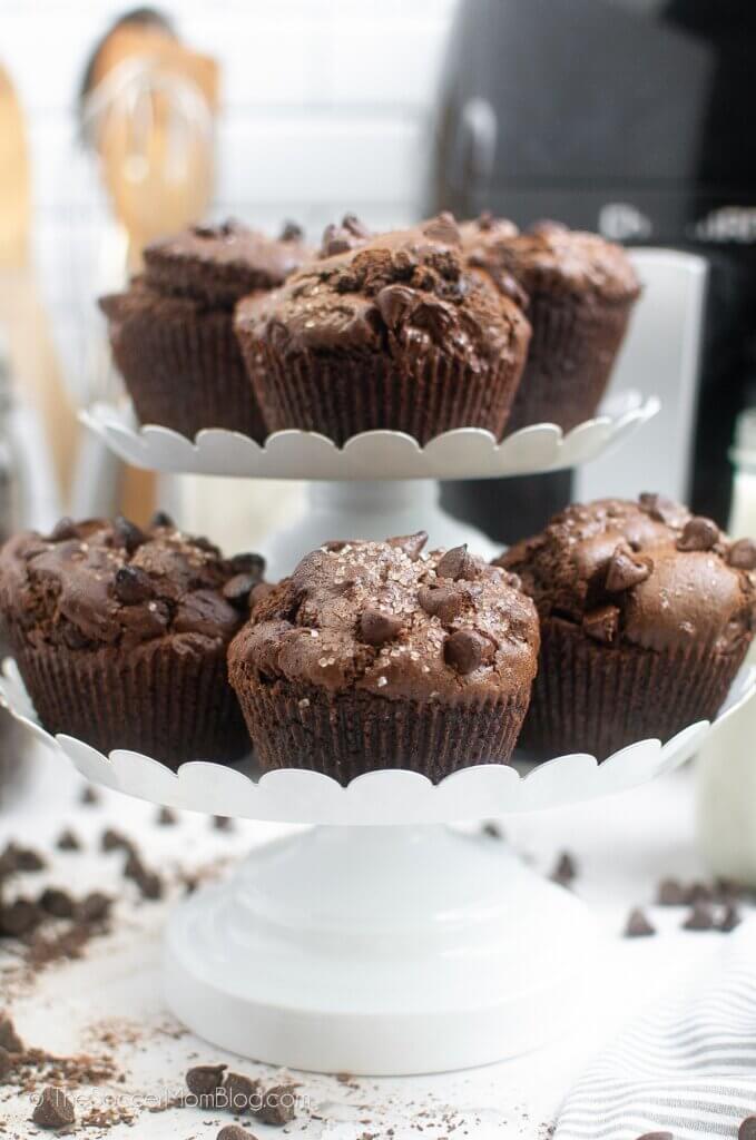 tiered tray filled with chocolate muffins