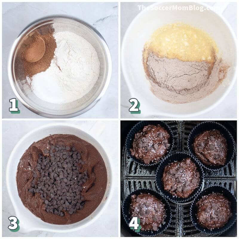4 step photo collage showing how to make muffins in an air fryer