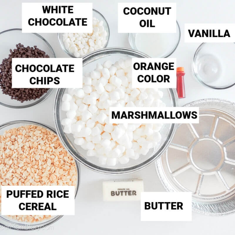 Candy Corn Rice Krispies Ingredients, with text labels
