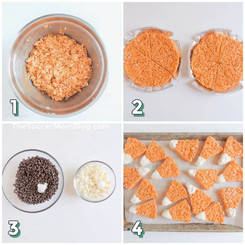 4 step photo collage showing how to make rice krispie treats that look like candy corn