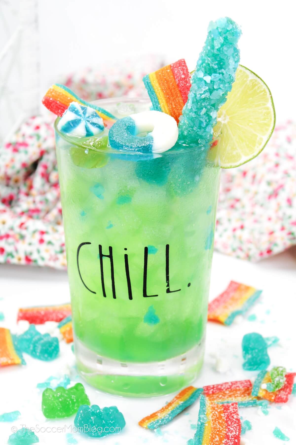candy shop cocktail: bright green with rock candy on top