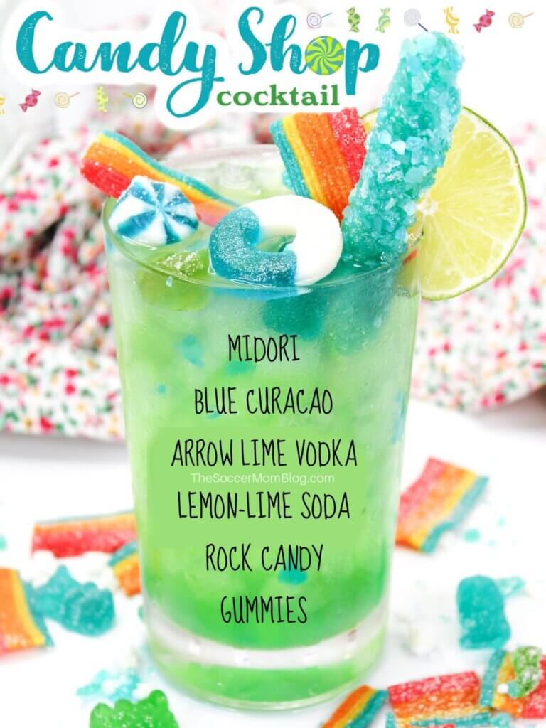candy shop cocktail with text overlay of ingredients