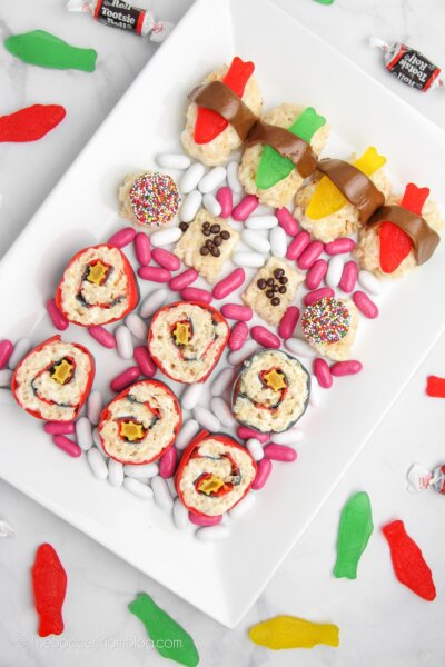 plate of marshmallow treat candy sushi