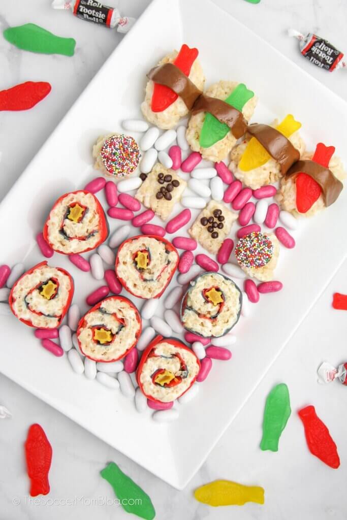 plate of marshmallow treat candy sushi