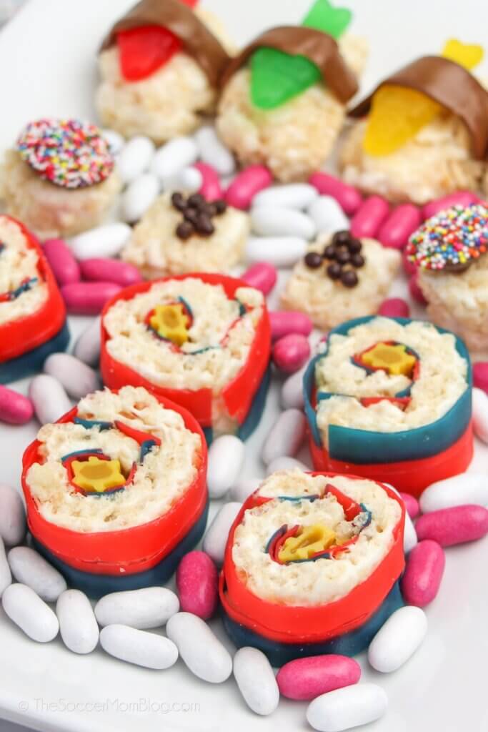 close up of candy sushi rolls made with rice krispie treats and licorice