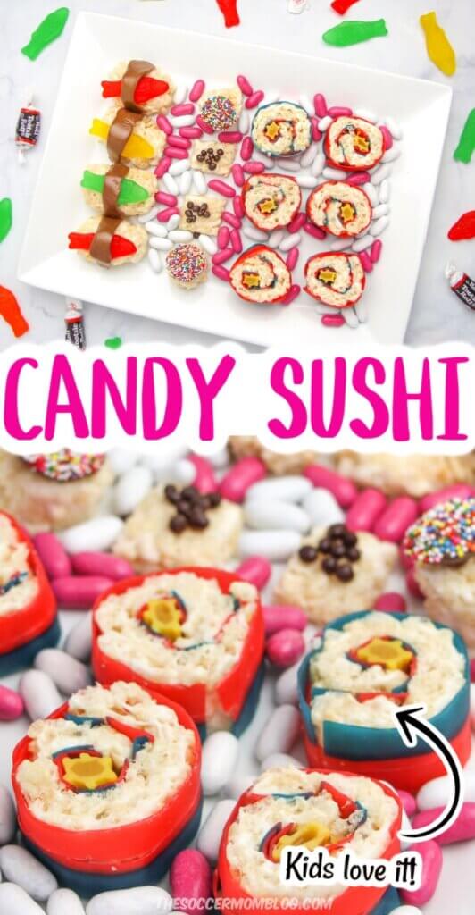 2 photo collage of candy sushi