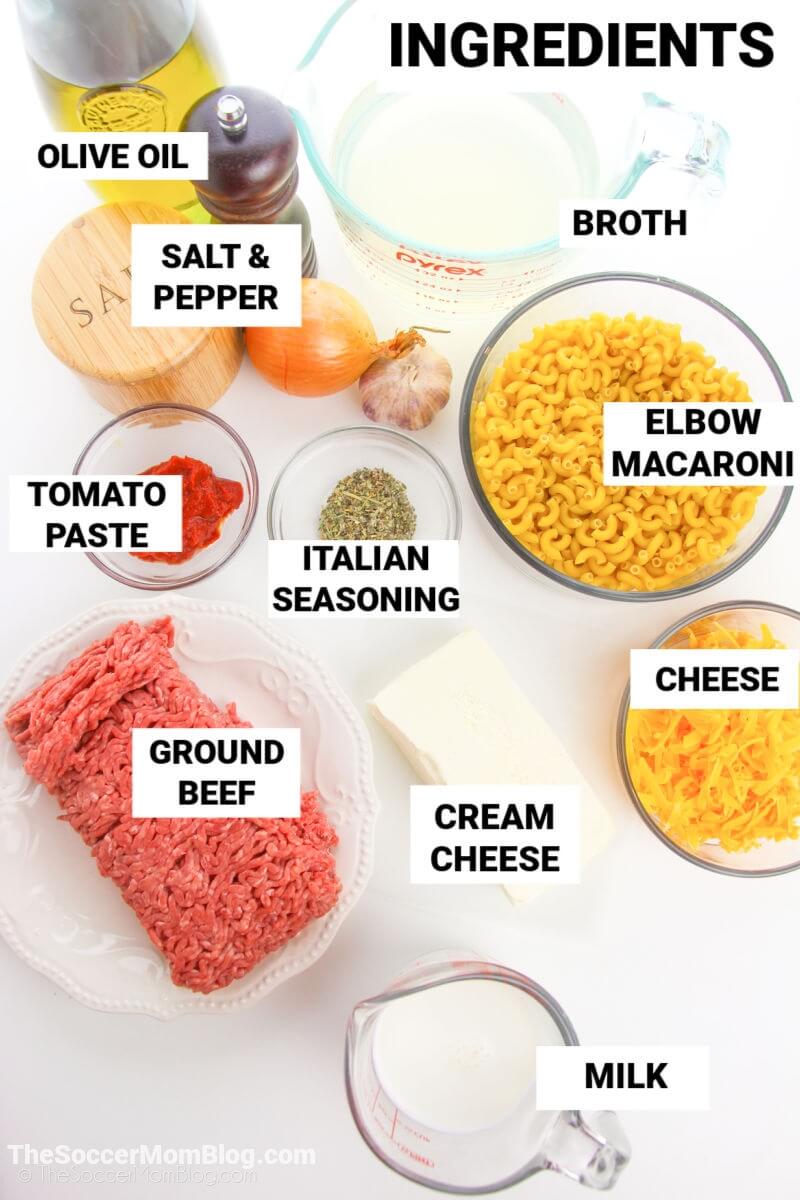 Ingredients to make cheeseburger pasta, with text labels
