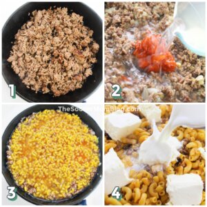 4 step photo collage showing how to make cheeseburger macaroni
