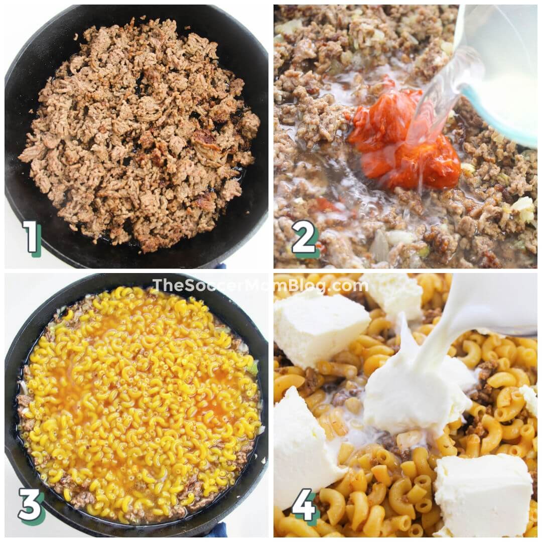 4 step photo collage showing how to make cheeseburger macaroni and cheese