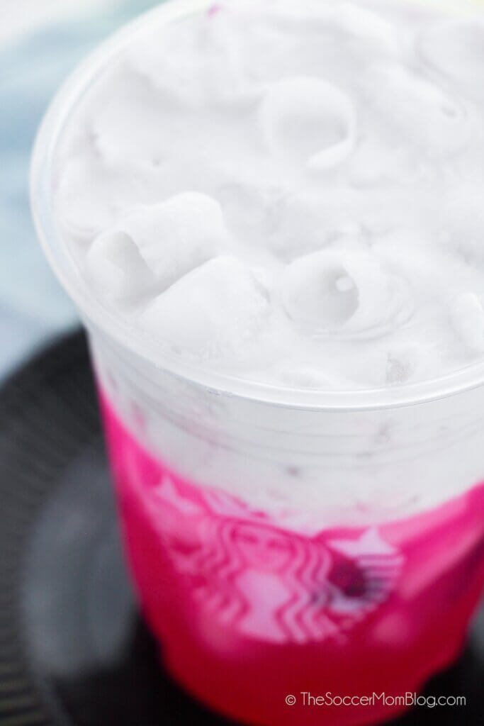 Copycat Starbucks Mango Dragonfruit Refresher with coconut milk, viewed from above