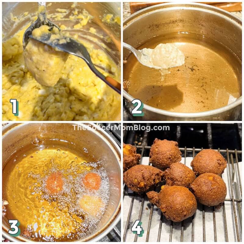 4 step photo collage showing how to make hush puppies
