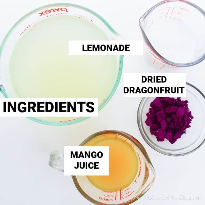 ingredients needed to make a mango dragonfruit refresher, with labels