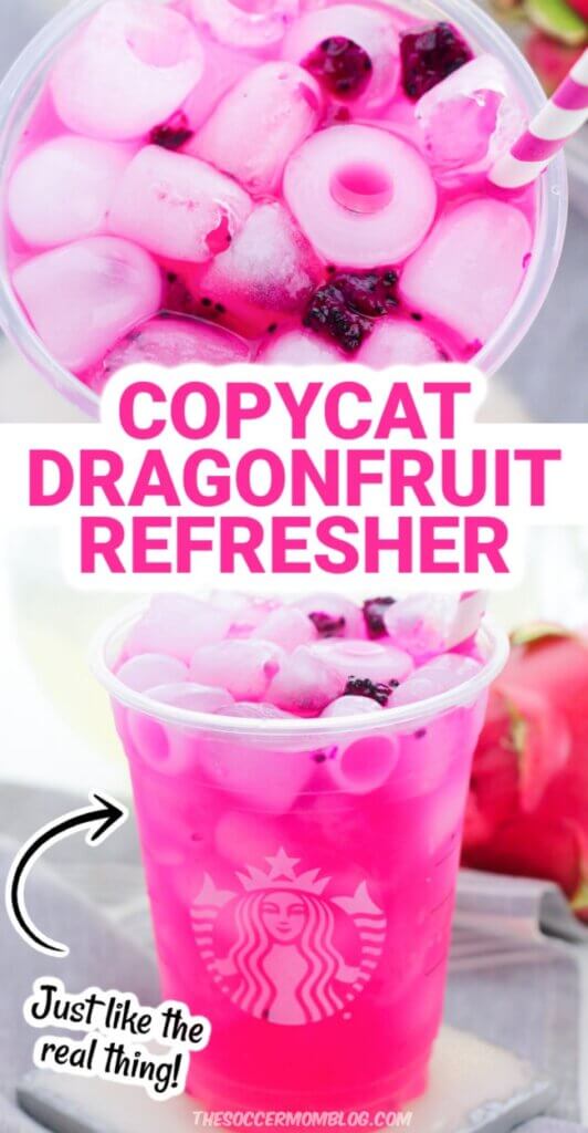 2 photo collage of a bright pink mango Dragonfruit Refresher, like served at Starbucks