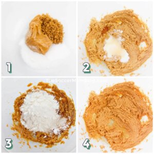 4 step photo collage showing how to make edible peanut butter cookie dough