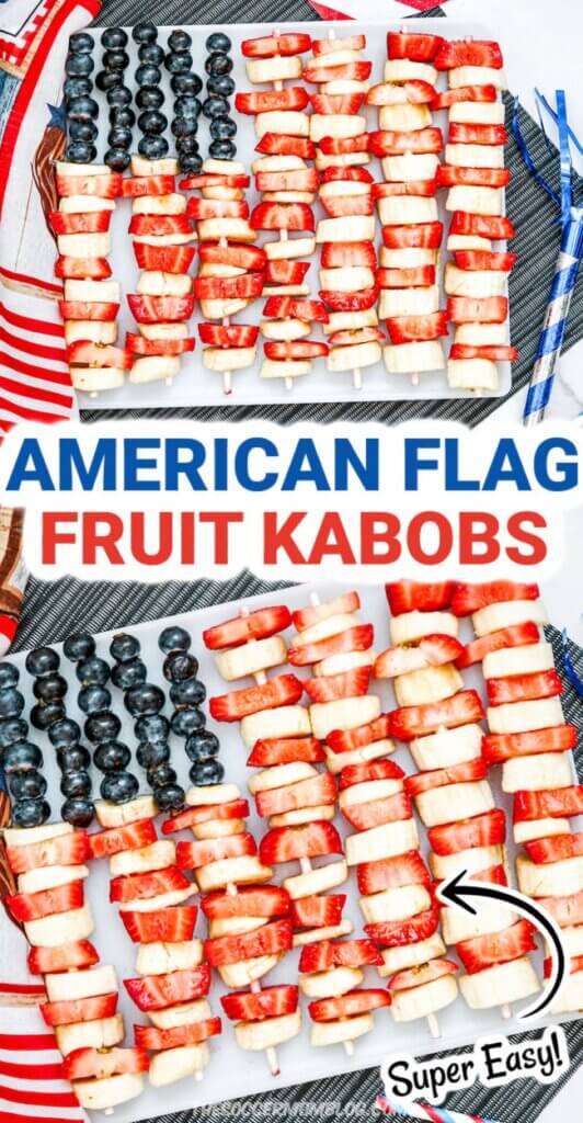 2 photo collage of American flag fruit kabobs