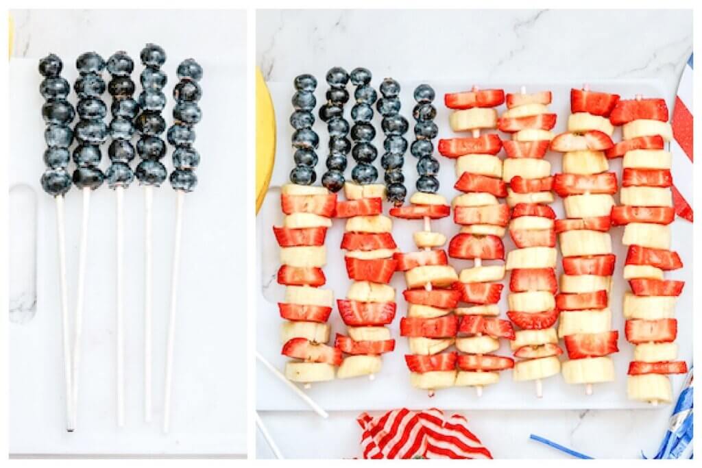 2 step photo collage showing how to make a fruit skewer American flag