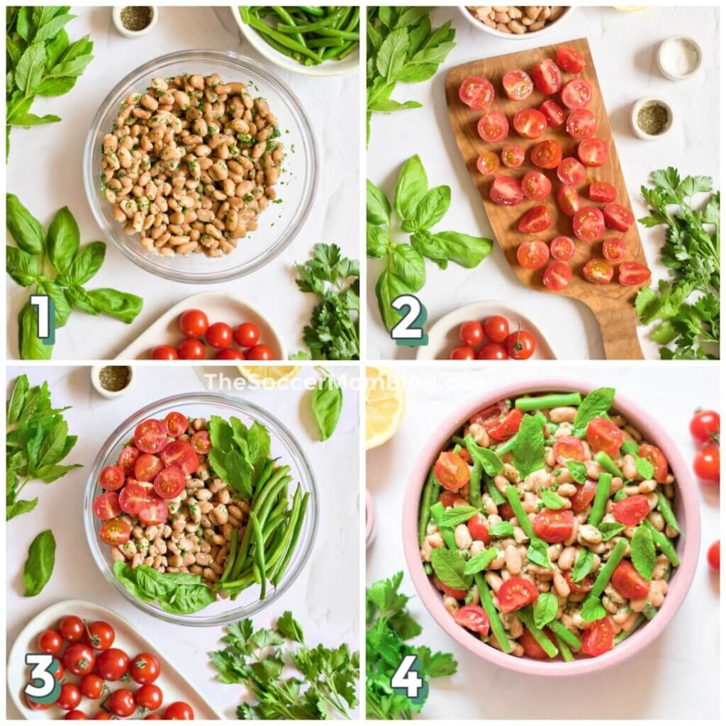 4 step photo collage showing how to make a mediterranean bean salad