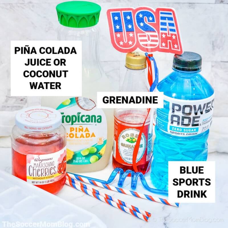 ingredients to make a red white and blue mocktail, with text labels