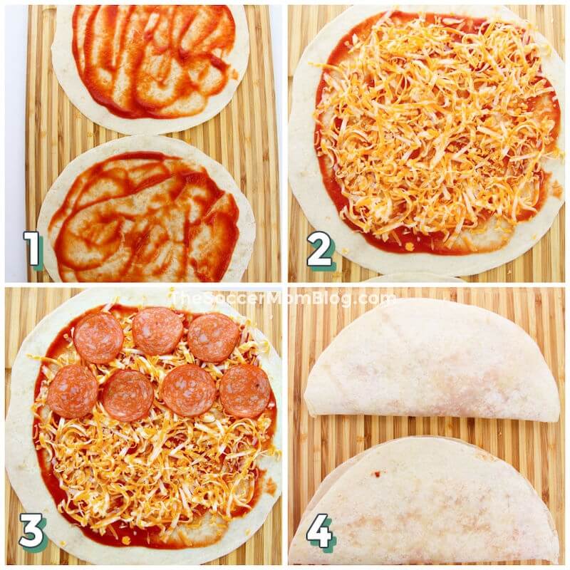 4 step photo collage showing how to make pepperoni pizza quesadillas