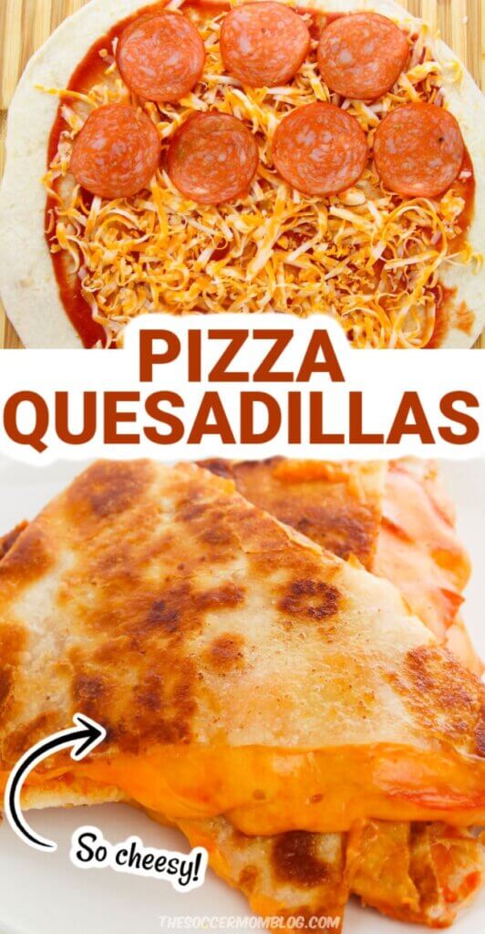2 photo vertical collage of pepperoni pizza quesadillas