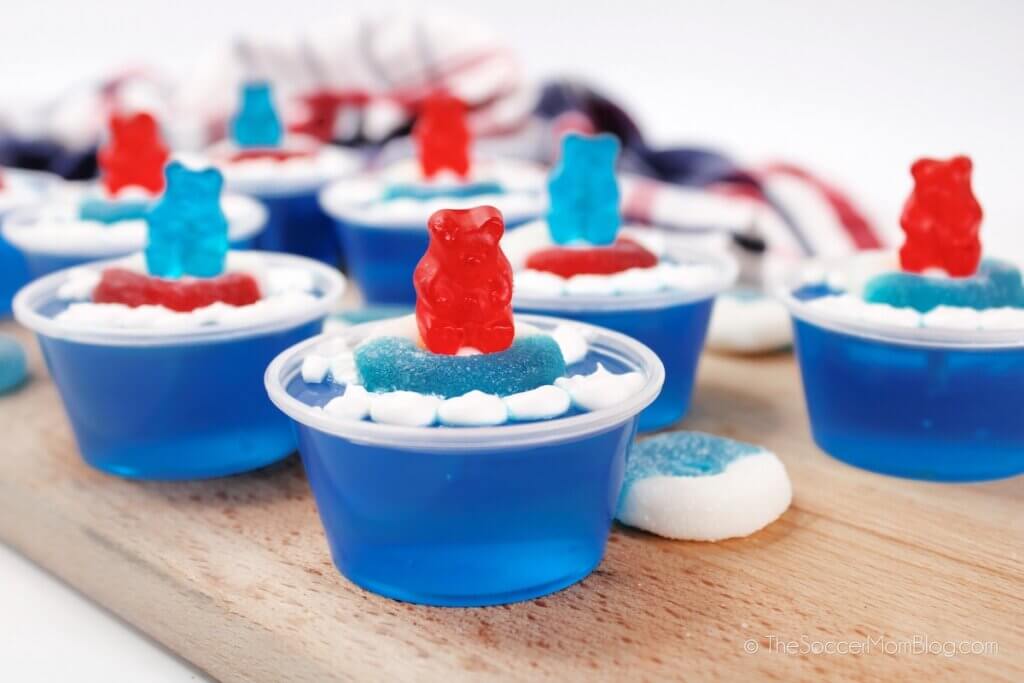 gummy bears on a gummy ring, on top of a "pool party" jello shot