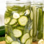 jar of homemade dill pickle chips, with a couple pickles on a fork