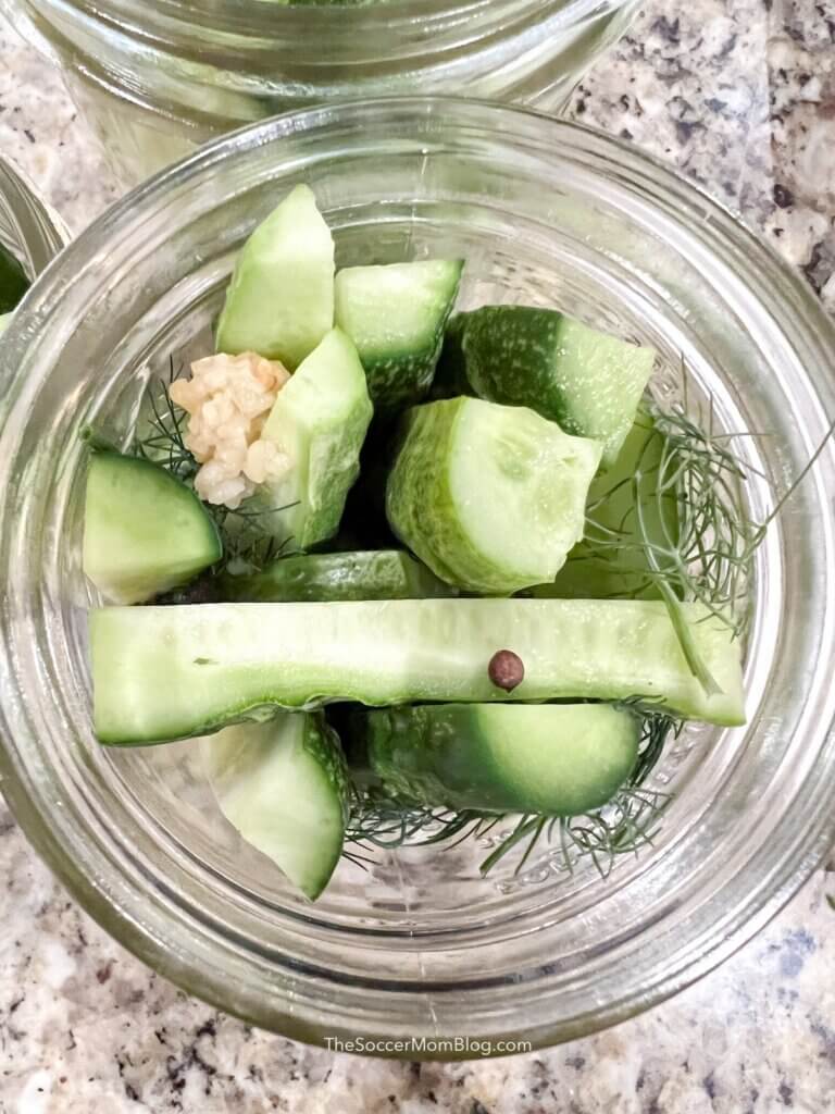top down view of a jar of cucumbers, without brine