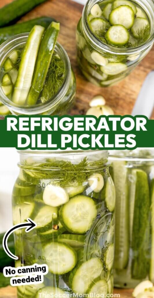 2 photo vertical Pinterest collage showing homemade refrigerator dill pickles