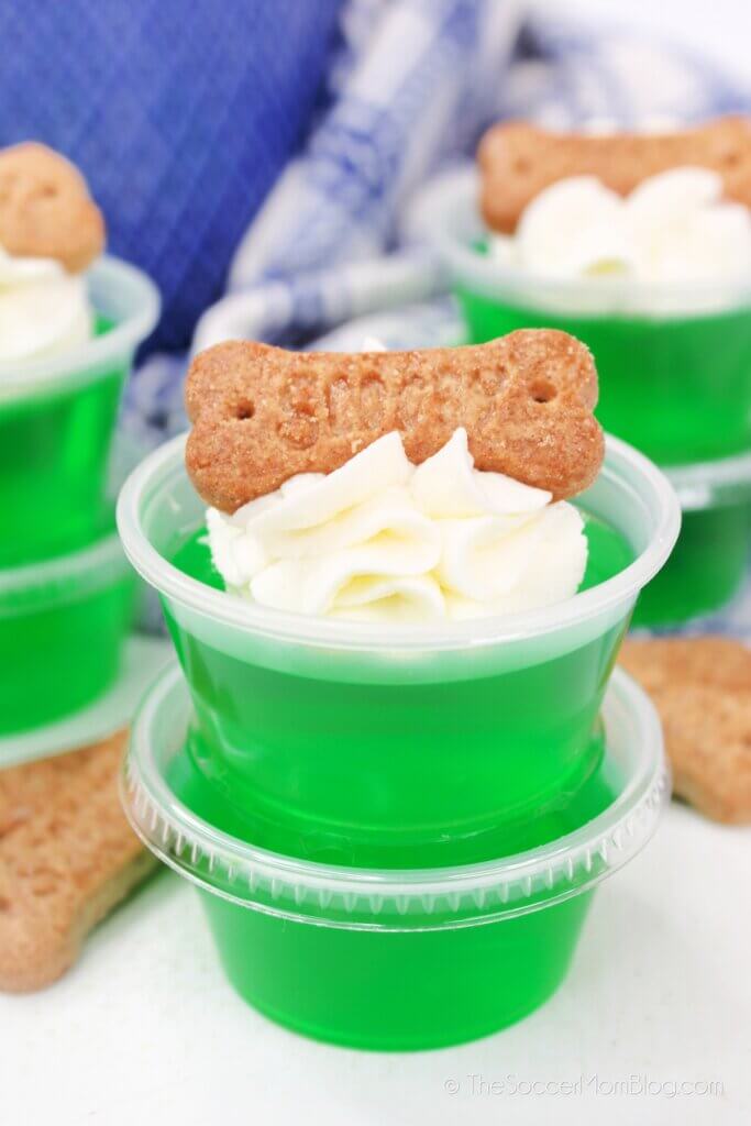 Scooby Snack Jello Shots: lime green with a cookie on top shaped like a dog bone