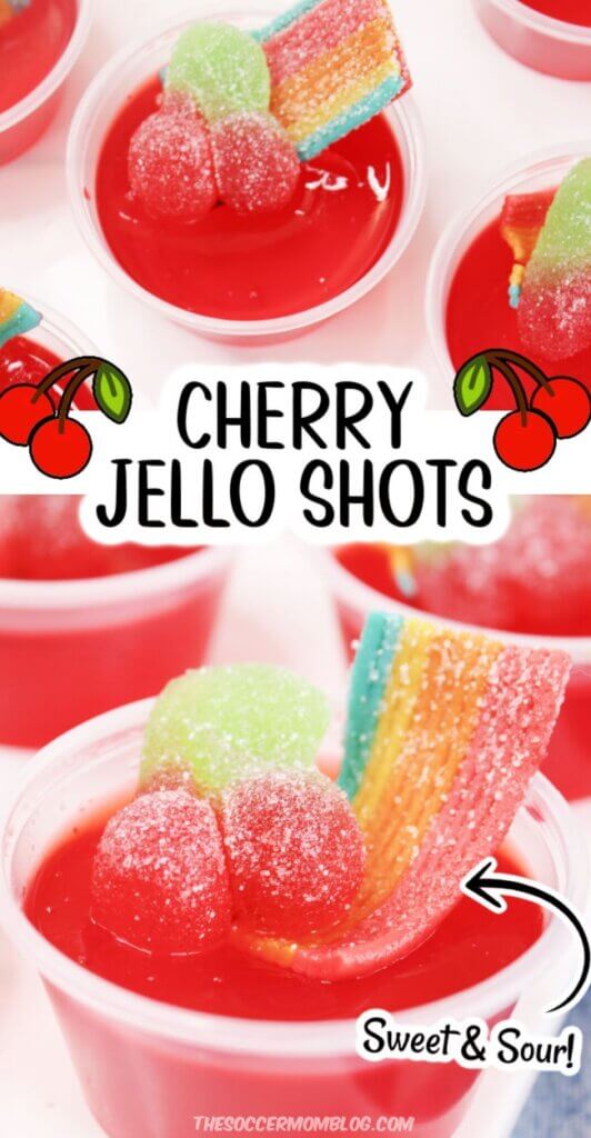 2 photo collage of bright red cherry jello shots