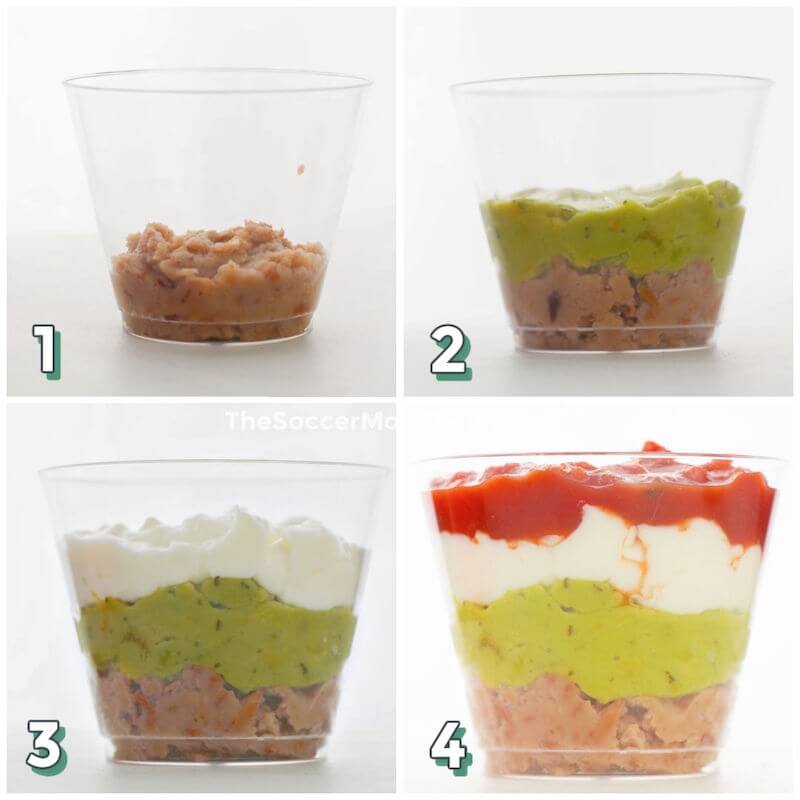 4 step photo collage showing how to make taco dip cups