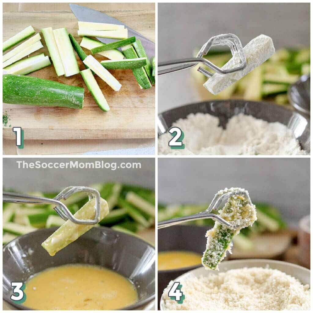 4-step photo collage showing how to coat zucchini fries in breading