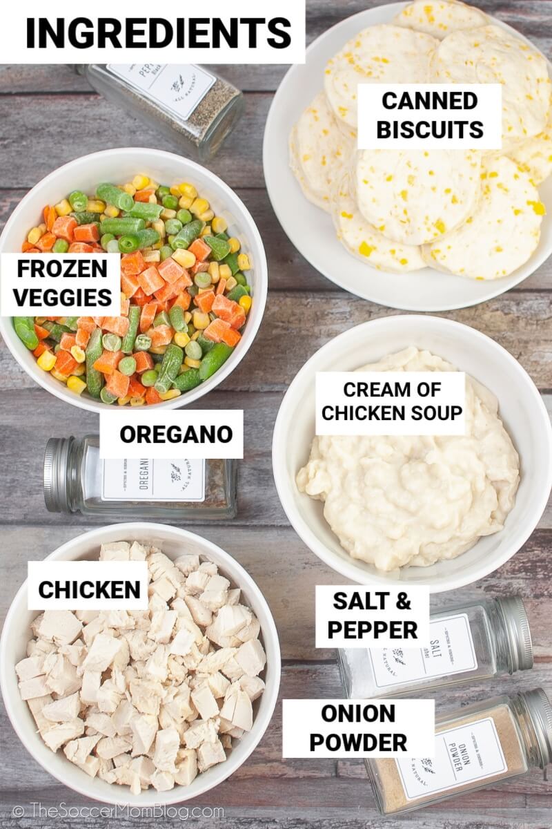 ingredients to make chicken pot pies, with text labels