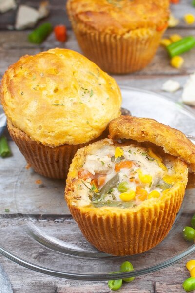 two mini chicken pot pies, one with top cut off