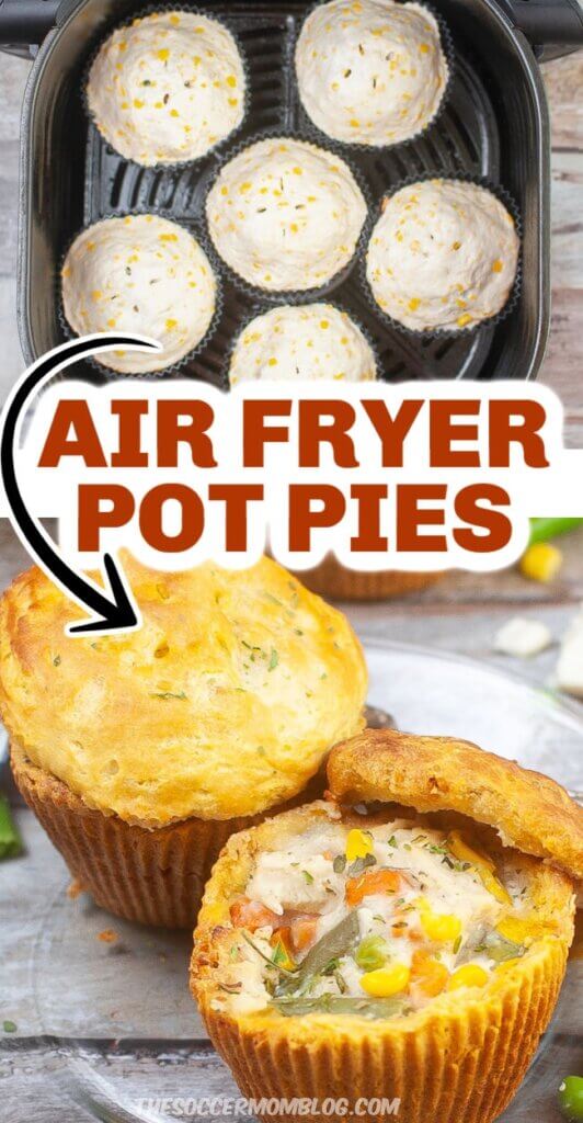2 photo vertical collage cooking pot pies in air fryer
