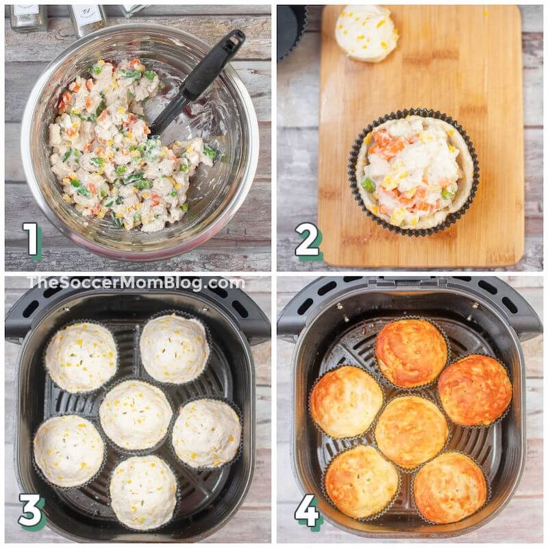 4 step photo collage showing how to make pot pies in an air fryer