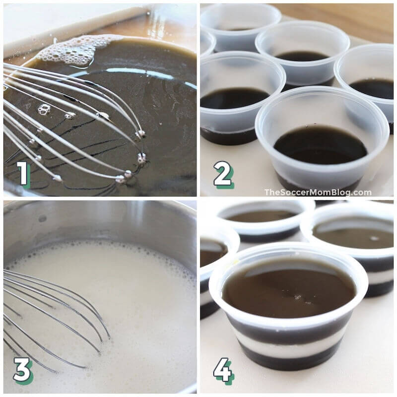 4 step photo collage showing how to make black and white layered jello shots