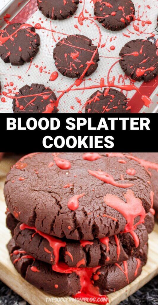 2 photo vertical collage of Halloween blood splatter cookies