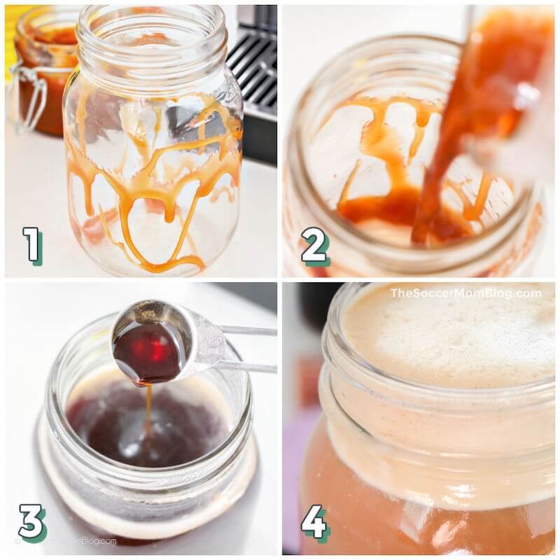 4 step photo collage showing how to make a homemade butter beer latte