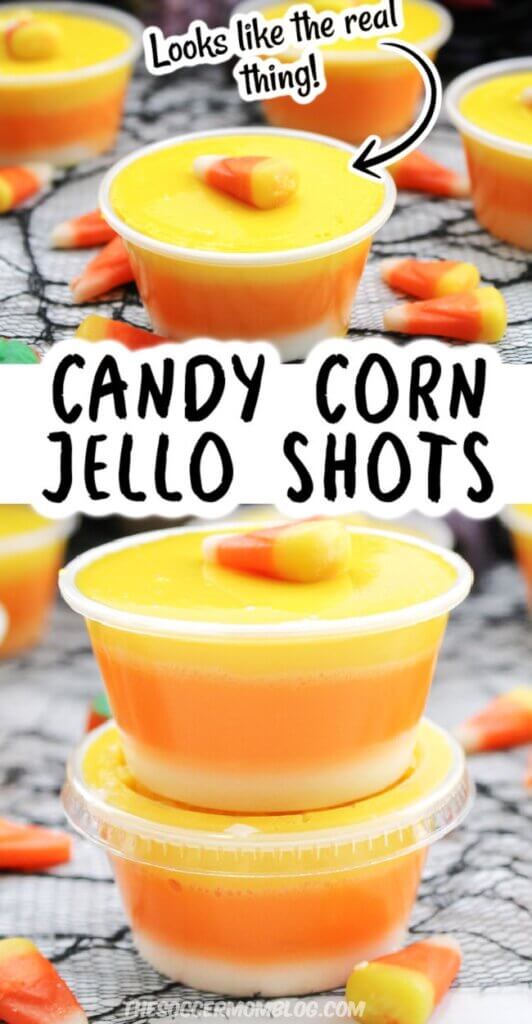 2 photo vertical collage of candy corn jello shots