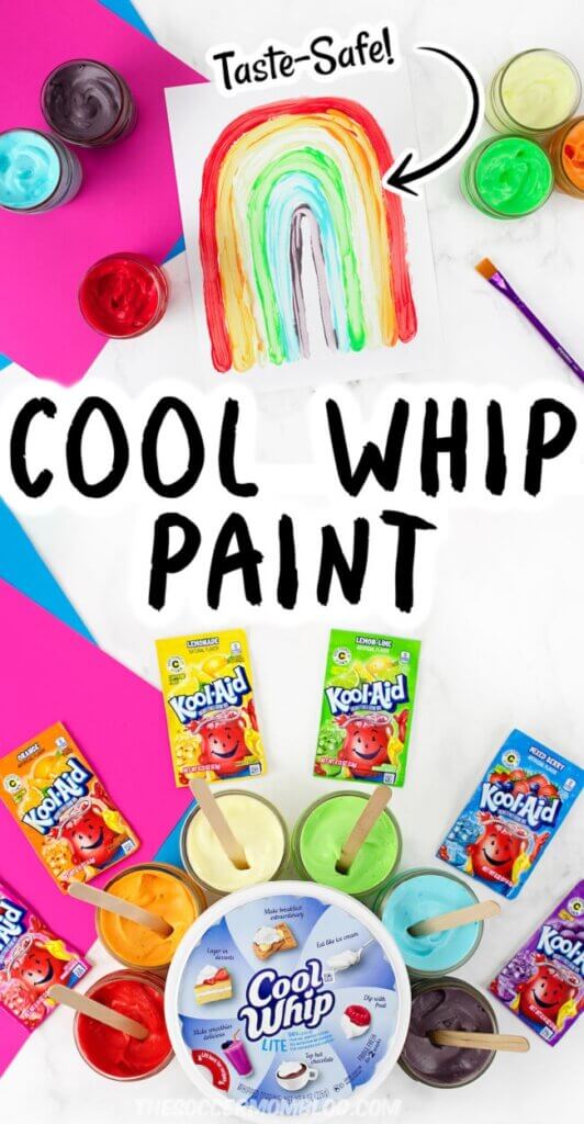 2 photo collage of a rainbow of paints made with Cool Whip and Kool Aid